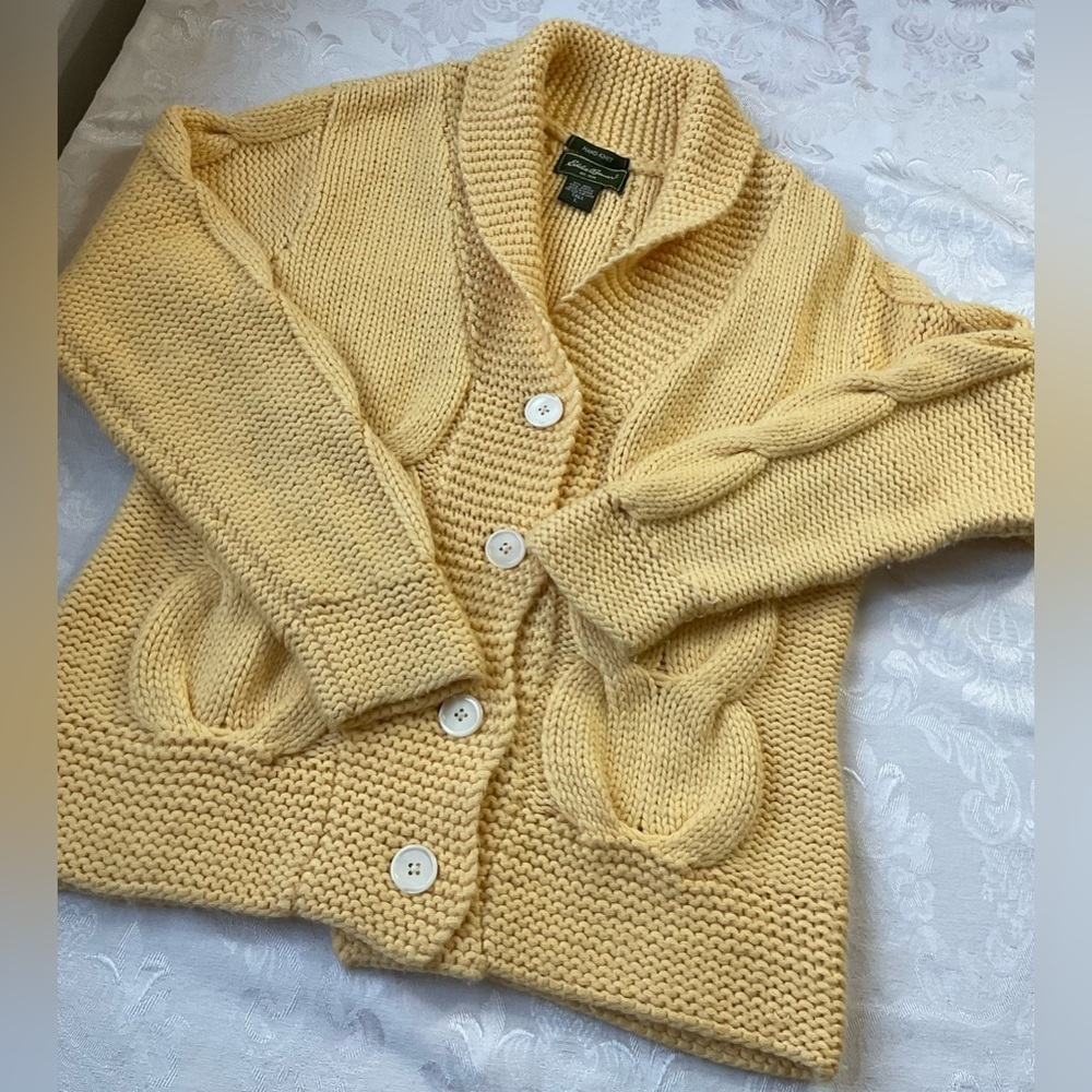 Vintage Eddie Bauer Hand Knit Wool Blend Cable Shawl Collar Cardigan Size Tall L